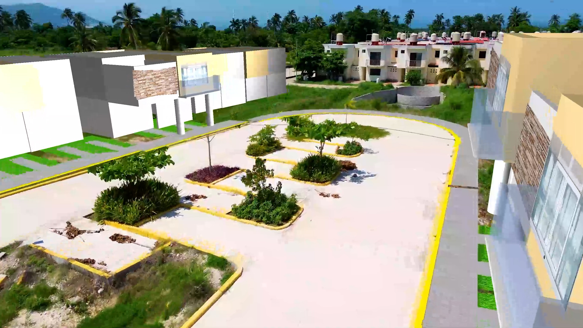 Vista del acceso y áreas verdes